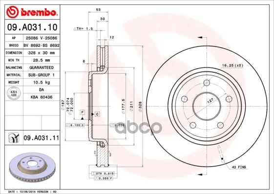 Диск Тормозной Передн Jeep Grand Cherokee Iii(Wh)(06/05-) F / Jeep Commander(09/05-) F Brembo арт. 09.A031.11