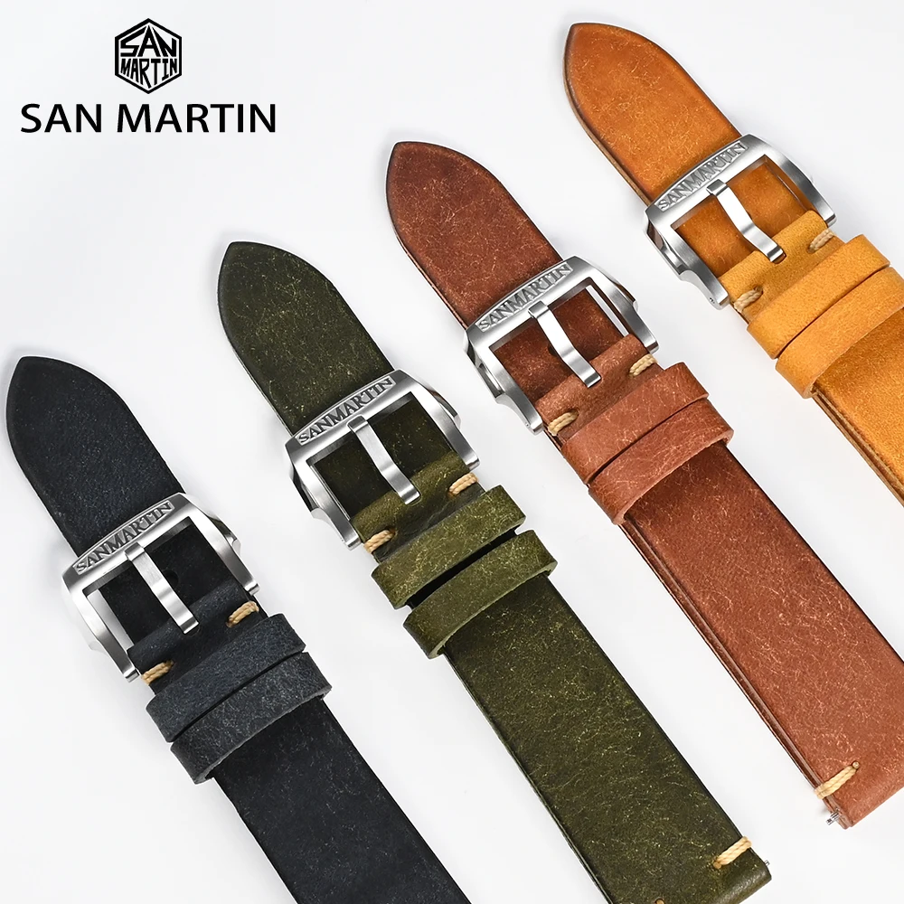 San Martin Leather Strap Quick Release Suitable For 20mm 22mm General Type Watch Bands 316L Stainless Steel Buckle Watch Parts