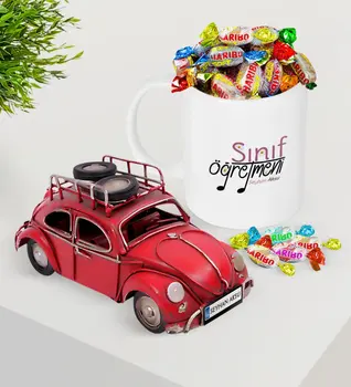 

Personalized Class Teacher Platter Nostalgic Red Metal Beetle and Mug Haribo Candy Seti-16