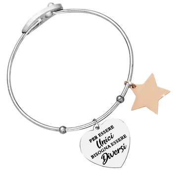 

Bracciale rigido donna con charms e incisione - "Per essere unici bisogna essere diversi"