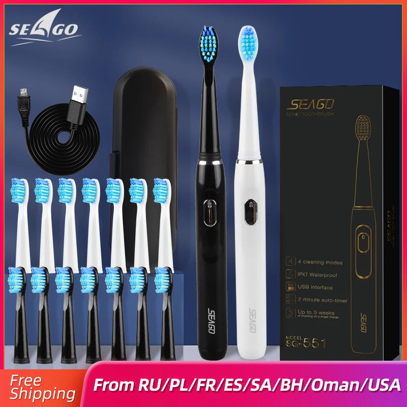 Spazzolino Elettrico Seago Sonic Ricaricabile Adulto Con Cura Del Timer Sbiancamento Dei Denti 4 Modalità Di Ricambio 3 Pezzi Testine Sg551