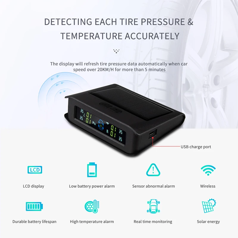 Easyguard Солнечная энергия перезаряжаемый автомобильный TPMS монитор давления в шинах с 4 внутренними датчиками поддержка PSI или BAR