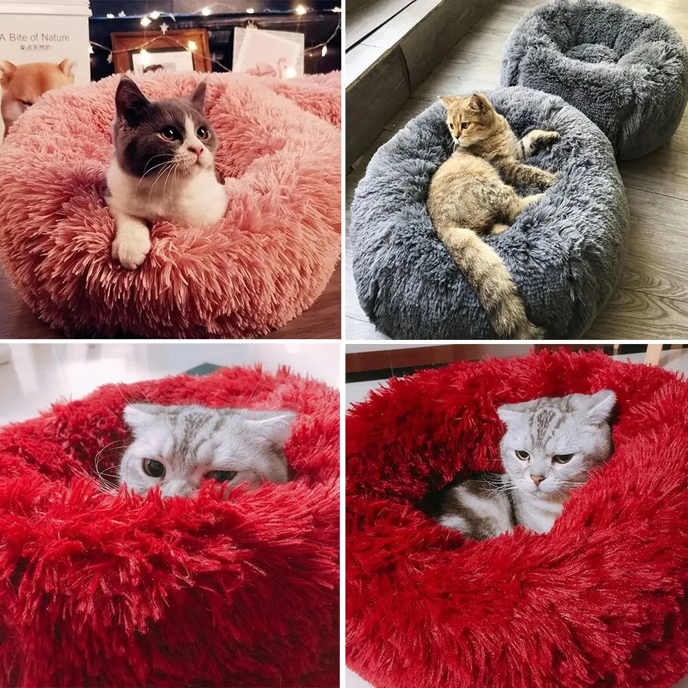 Кошачья кровать круглые плюшевые кошачий домик мягкая плюшевая кошачья кровать круглая собачья кровать для маленьких собак кошачье гнездо зимняя теплая спальная кровать Щенячий коврик