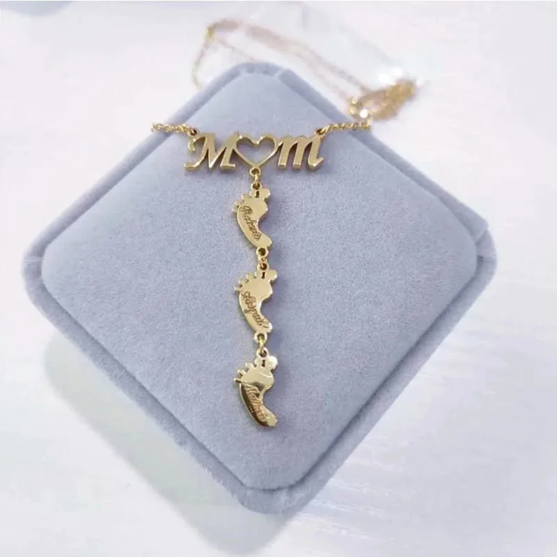 Custom Footprint Personalized Baby Feet Name Mom Necklace Kids Birthday MAMA Engraved Stainless Steel Family Mother's Day Gift |