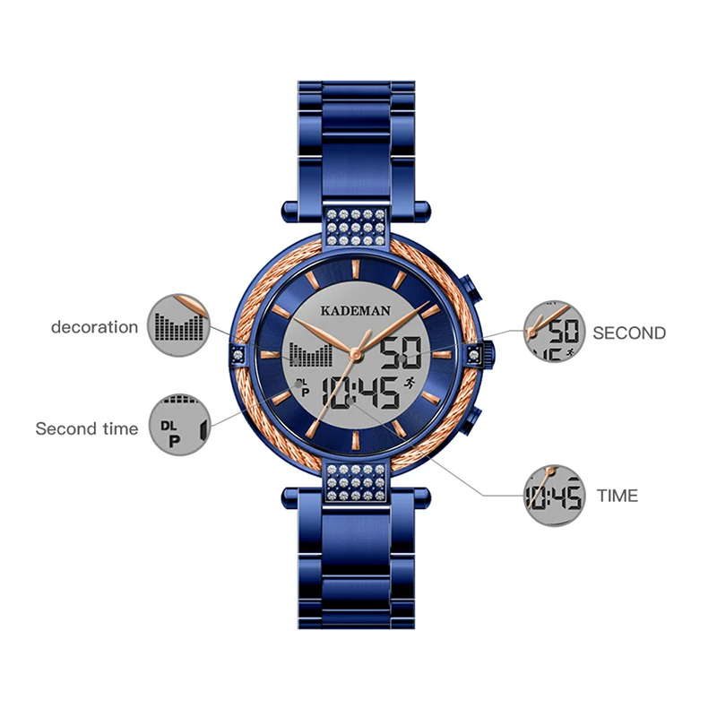 Kademan K9080 New Elegant Quartz And Digital Women Watch LCD Screen Luxury Business Style Fashion Waterproof Relogio Feminno