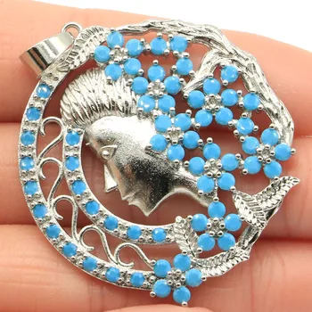 

51x39mm Fancy Big 11.5g Moon Goddess Created Blue Turquoise White Sapphire Kunzite Woman's Jewelry Making Silver Pendant