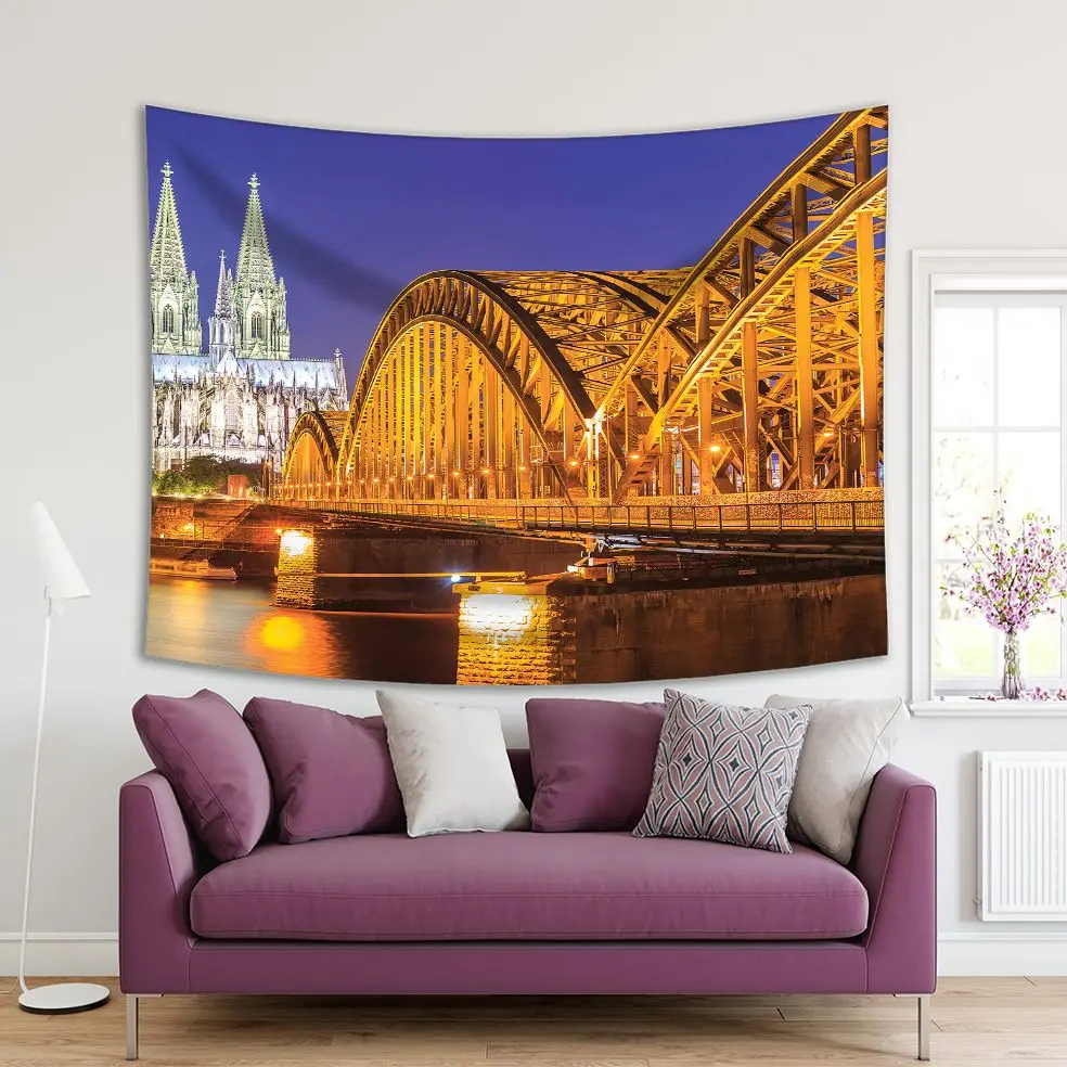 Tapestry Cologne Cathedral and Hohenzollern Bridge over the Rhine River Germany Navy Blue Gold | Дом и сад