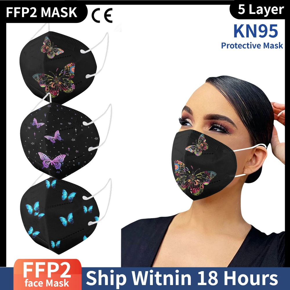 Mascarilla KN95 de 5 capas para adultos, máscara respirador con filtro, certificación ce, protección para la boca, estampado de mariposa, transpirable