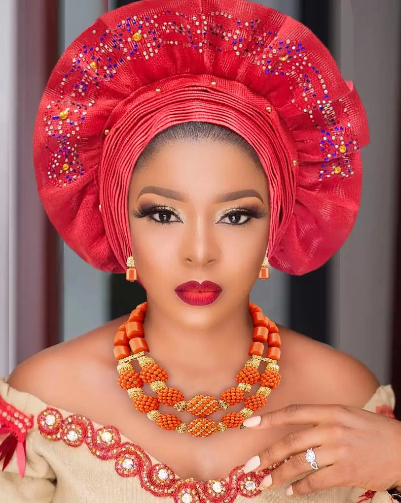 AS045-DHL Auto Gele Headtie, красивый дизайн, Нигерия, уже ручной работы, камни с бусинами для свадьбы и вечеринки