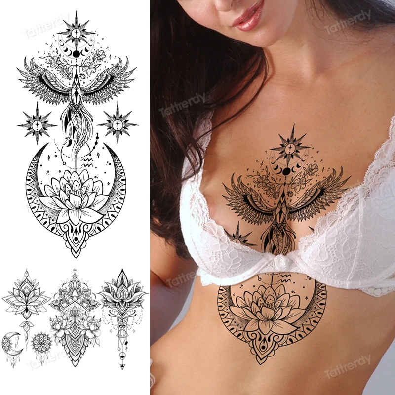 Tatuaje de esternón con mandala de encaje de henna negra, tatuaje sexy impermeable para mujeres, tatuaje debajo del pecho, manga vientre, brazalete|Tatuajes temporales| - AliExpress