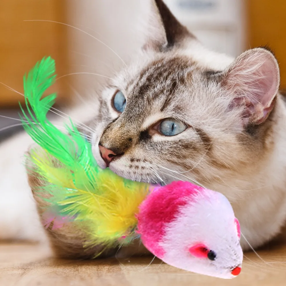 1 шт. игрушки для кошек игрушечная мышь для домашних животных игрушка для кошек мини забавные игрушки для кошек с разноцветными перьями плюшевая мини игрушечная мышь котенок