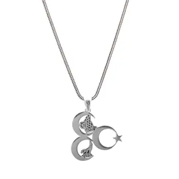 

925 Sterling Silver Three Crescent Tuğra And Gray Wolf Pattern Men 'S Necklace