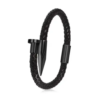 

Angemiel Men Leather Black Mesh Nail Titanium Bracelet