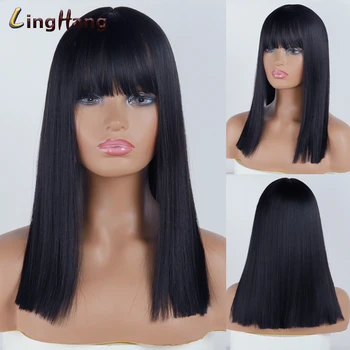 

Linghang Straight Black Synthetic Wigs With Bangs For Women Medium Length Hair Bob Wig Heat Resistant bobo Hairstyle Cosplay wig