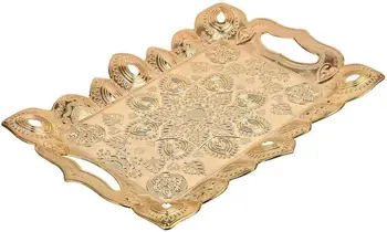 

DEMMEX Turkish Ottoman Engraved Coffee Tea Serving Rectangular Metal Tray for 6, 15.5"x11" (Gold)