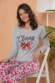 

STRAWBERRY Women 'S Gray Melange Cotton Long Sleeve Printed Pajamas Suit