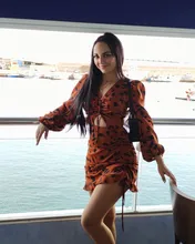 Short Dress Bow-Puff V-Neck Long-Sleeve Drawstring Ruffled Sexy Hollow-Out Mini Women