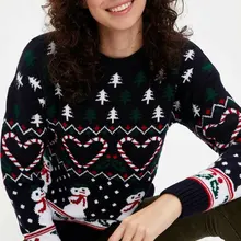 Дефакто женский зимний Рождественский узор черный пуловер женский прекрасный снеговик сердце трикотажные толстовки Pullovers-L4602AZ19WN