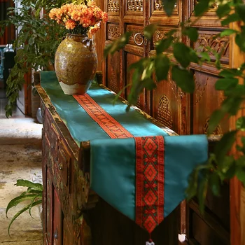 

Art Vintage Asian Oriental Thailand Home Decorative Table Runner Teal Turquoise Bed Runner Embroidery 102 Inch