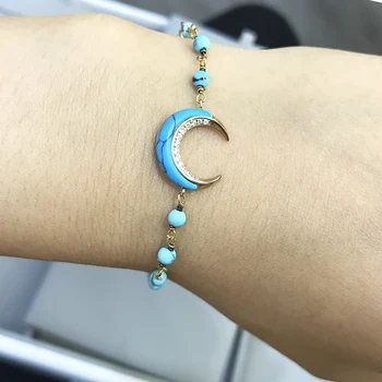 

B002 wholesale Jewellry 925 Sterling Silver 14K Gold Plating Bracelets Turquoise Moon With Zircon Bracelet Chain Women Jewelry