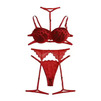 

Lace Garter Floral Lace Intimates Sexy Lingerie Set See-through Wireless Bra Set Nightwear Transparent Bra Crop Tops 3Pcs