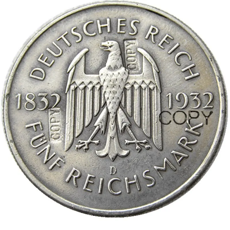 Германия набор 1932-A-D-E-F-G-J(6 шт) 5 рейхsmark посеребренные копии монет