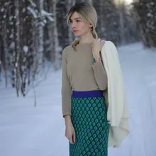 Las mujeres nuevo Vintage hoja de Jacquard cálido suéteres de manga larga o-Cuello Lurex jerséis de Navidad de punto otoño Tops Retro C-014