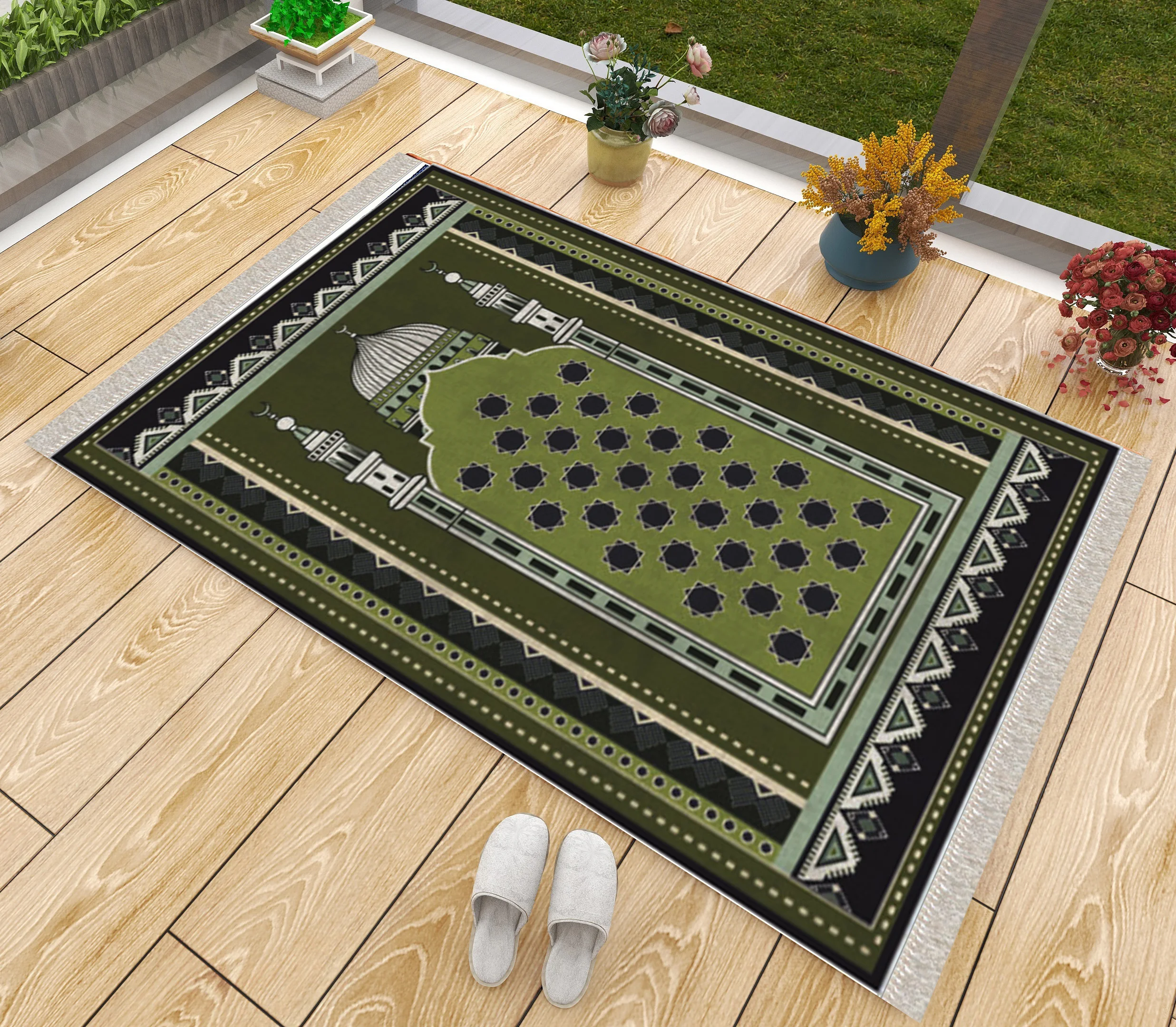 Luxury Thick Prayer Rug Green & Black Vintage Non Slip Muslim Islamic Janamaz Floor Mats Praying