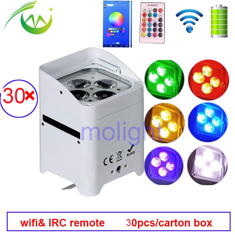 

30pc Wifly Battery Powered Up Lighting Wireless DMX LED DJ Par 4*18W RGBWA+UV 6in1 IR Remote LED DJ Par Stage Light