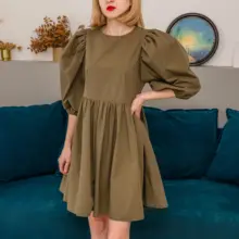 Mini Dress Lantern Short-Sleeve OOTN A-Line Pink Elegant Green Cotton Casual Women Ladies