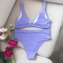 INGAGA Bikinis Sexy cintura alta traje de baño mujeres traje de baño Bikini Push Up de canalé de baño trajes de baño negro Bikini con cuello en V 2021 nuevo