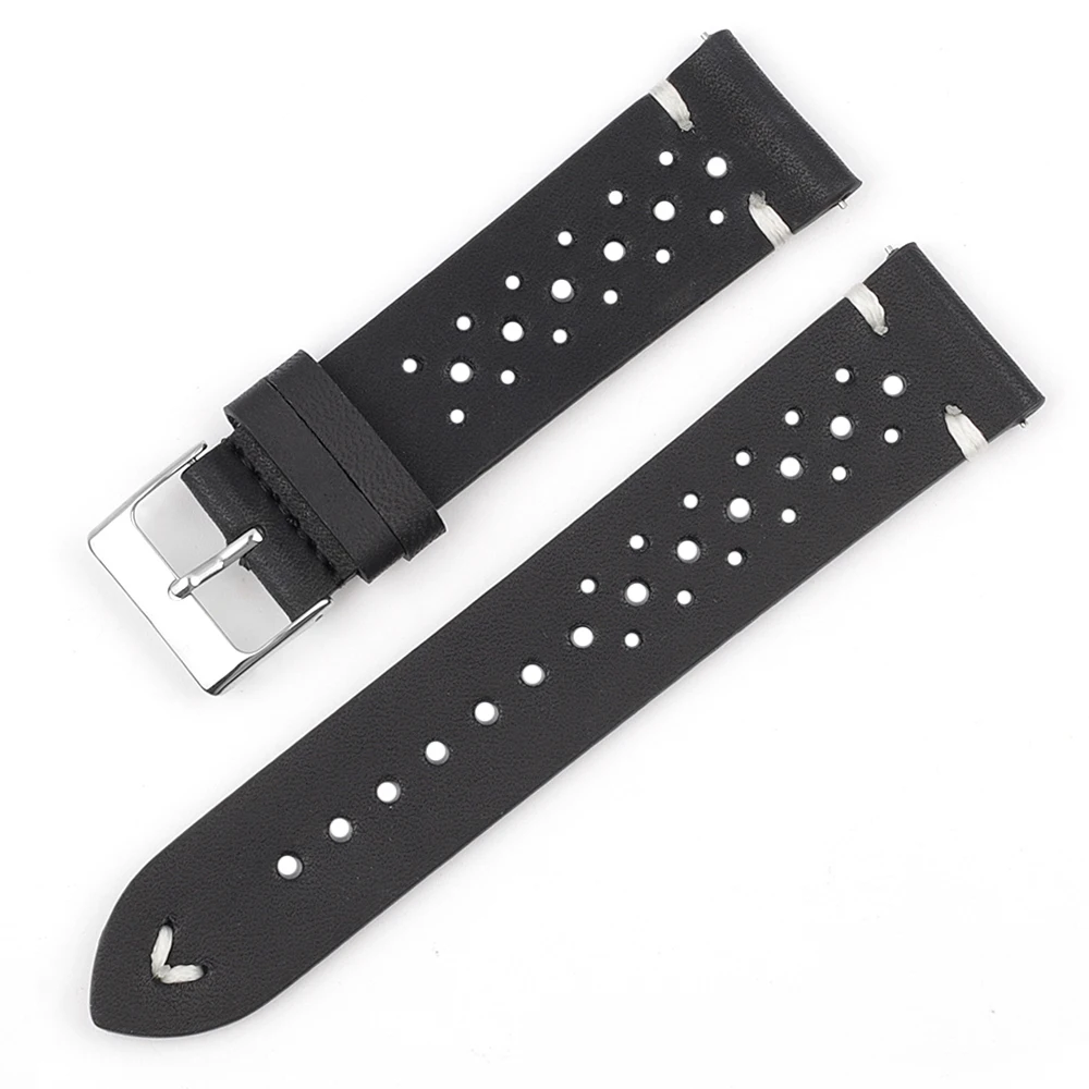 Handmade Leather Strap Watch Strap Porous Breathable Bracelet Band 18mm 20mm 22mm Black Watchband #C