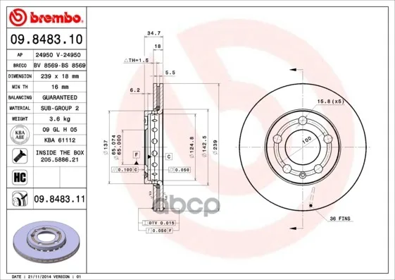 Диск Тормозной Передний Вент.(239x18) 5 Отв.(Min2) Brembo арт. 09.8483.11