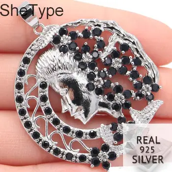 

47x39mm Big Heavy 14.3g Moon Goddess Black Sapphire Orange Spessartine Garnet Gift Real 925 Solid Sterling Silver Pendant