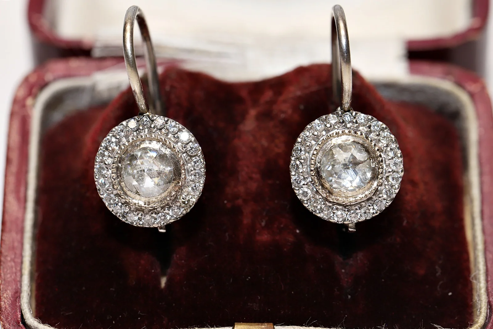 

Old Original Vintage 14k Gold Natural Diamond And Rose Cut Diamond Decorated Pretty Rose Style Earring