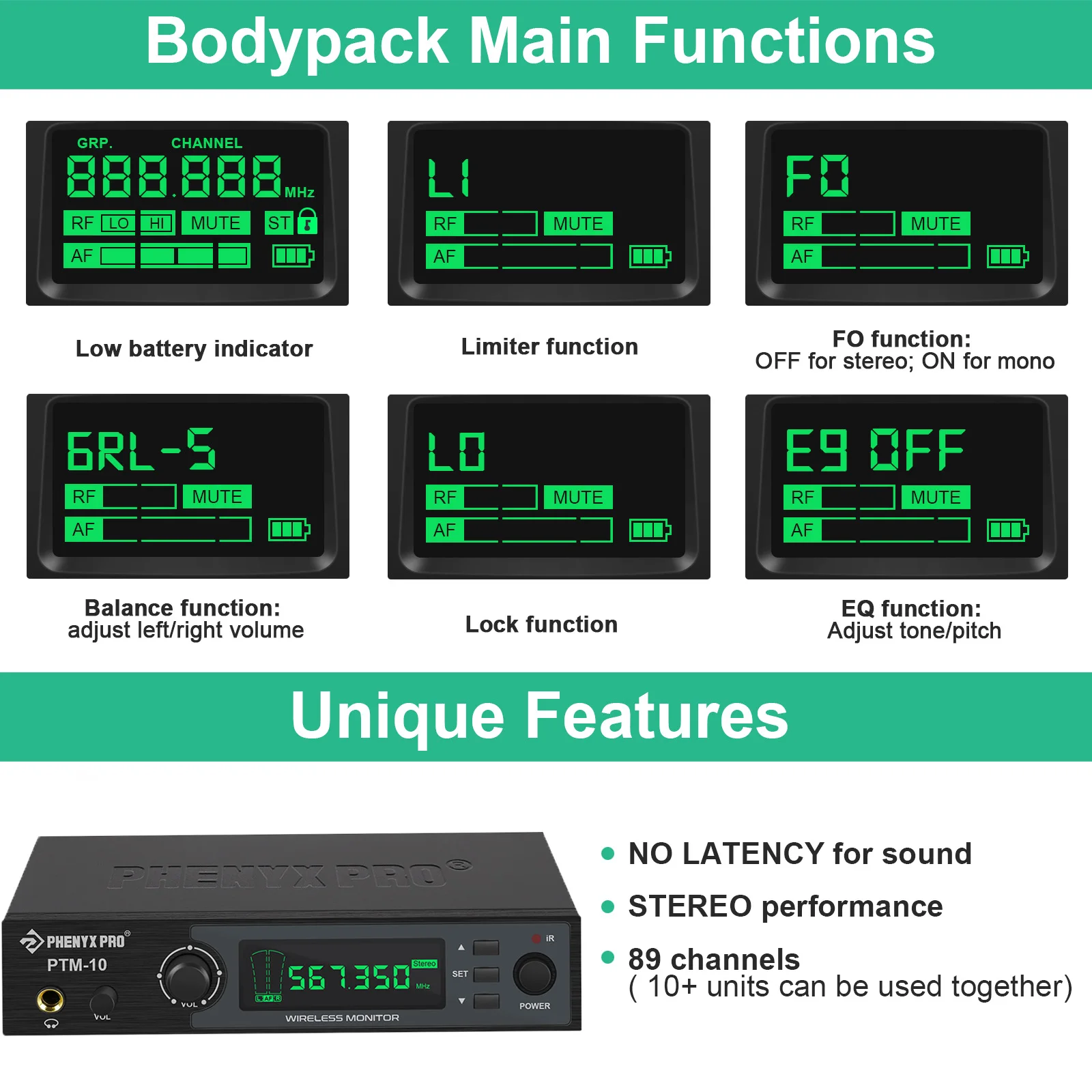 Phenyx Pro UHF Stereo Wireless in Ear Audio Monitor System Selectable Frequency 500MHz Band Rack Mountable for Stage Return