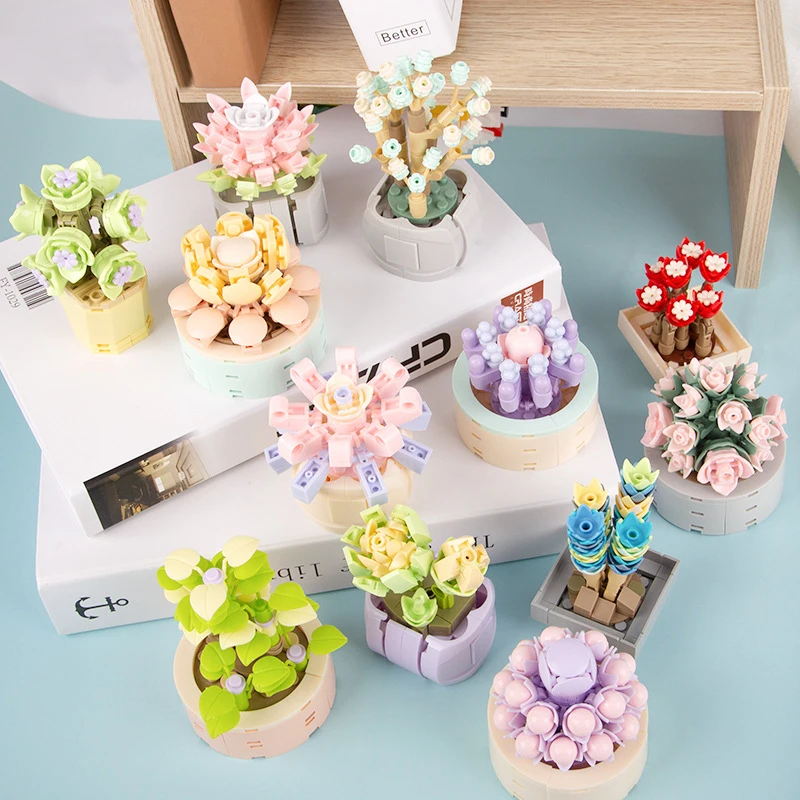 Moc Creative Blind Box Flower Bonsai Bouquet Building Block City Office Ornament Decoration Bricks Assembly Boys Kids Toy Gifts
