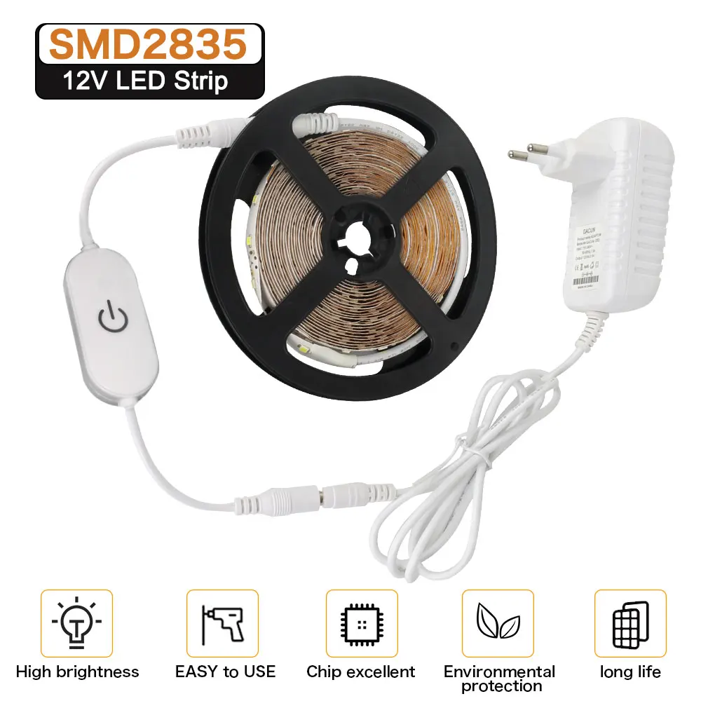 

5M LED Strip light 2835 Ribbon 12V LED Strip Dimmable Touch Sensor Switch Power Supply for DIY Under Cabinet Kitchen mirror