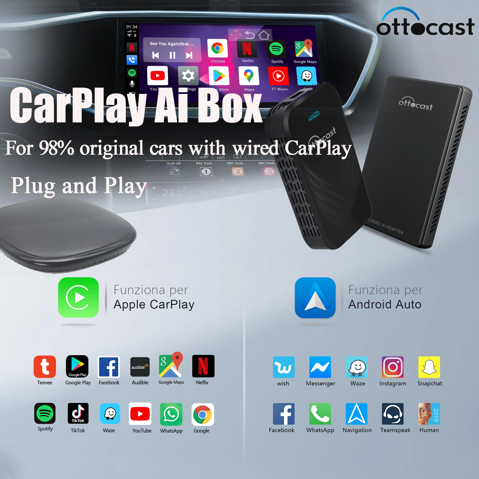Ottocast Carplay Ai Hulu Gps内蔵型ストレージ64gの新型オットキャストandroid Box Usbに差し込むだけでyoutube 等視聴可能 画面２分割表示可 Netflix 9 0車載メディアボックス Carplayとandroid Autoがワイヤレスで使用可能