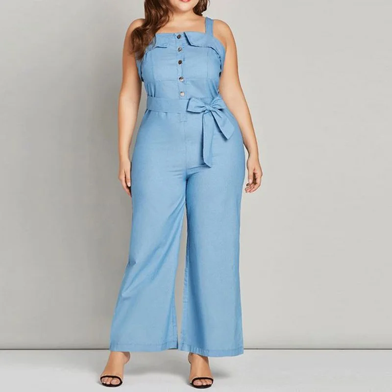 

L-5XL Plus Size Women Denim Jumpsuits Fashion Wide Leg Rompers Sash Backless Overalls Solid Summer Bodysuit Women