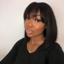 Peluca de Bob corto recta de máquina completa con flequillo negro Natural brasileño Remy pelucas de cabello humano 150% densidad media Ratio Bob peluca