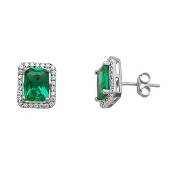 

Sterling silver earrings 925m Rhodium stone emerald color [AA1226]