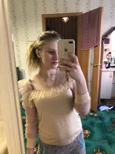 Blusa de manga larga ahuecada con volante elegante para otoño, camisa Sexy de malla transparente con cuentas y cuello redondo para mujer