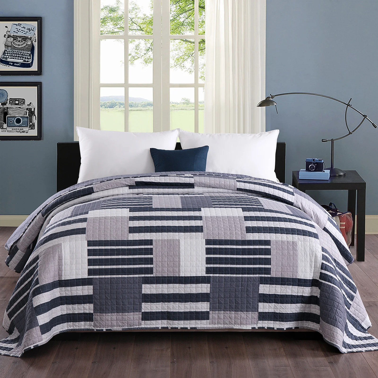 Trapunta Patchwork Quadri Blu Navy Chezmoi Collection, Quinn, Set Di 3 Pezzi Di Trapunta Patchwork A Righe E Fiori Di Ibisco, In Cotone Prelavato, Copriletto Leggero E Reversibile, Per Letto Super Queen - 7