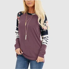 Camiseta de manga raglán para mujer, Tops de manga larga para mujer, ropa para mujer, Top de retazos a rayas con flores, camiseta informal para mujer 2021