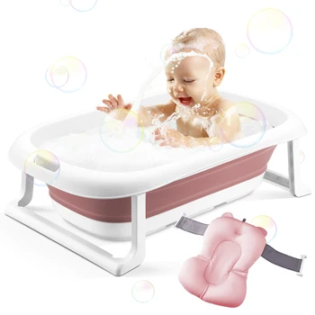 

Baby Bathtub, Foldable Infant Bath Tub, Collapsible Newborn Toddler Bathing Support with Cushion for 0-2 Years