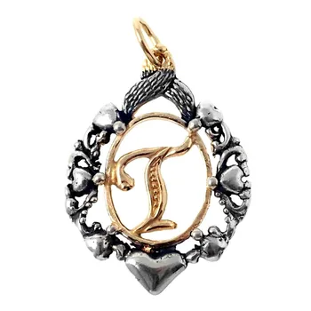 

Pendant 925 Sterling silver m letter T 32mm. Gold plated oxidized [AB9108]