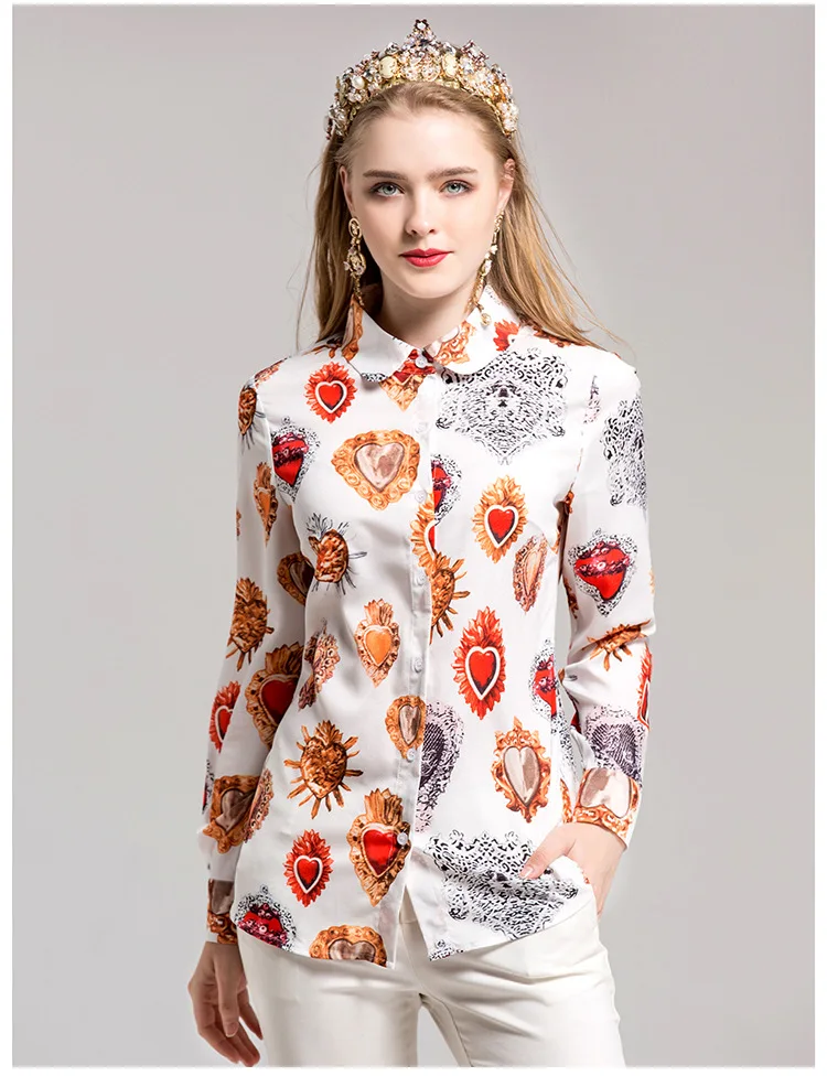 White Heart spring summer runway catwalk new style women blouse queen oil praiting vintage lady long sleeve 3XL plus size tops shirts - Цвет: White Heart