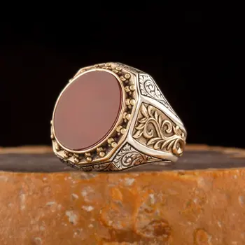 

925 Sterling Agate Stone Engraved Ivy Model Silver Ring Fashion Turkish Premium Quality Handmade Jawelery