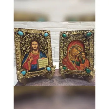 

Wedding icons under the antiquity of the Holy Virgin of Kazan and the Lord with needles and stones size 14-19 cm